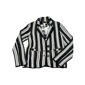 ALICE + OLIVIA KNIT BUTTON DOWN JACKET BLACK WHITE STRIPE SOCIAL DISTORTION L